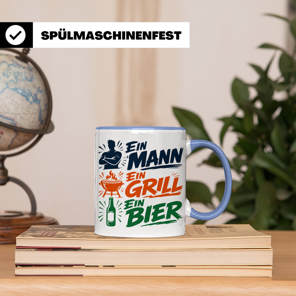 Grillmeister Tasse mit Spruch Ein Mann Ein Grill Ein Bier. L – Blau [farbe:blau]