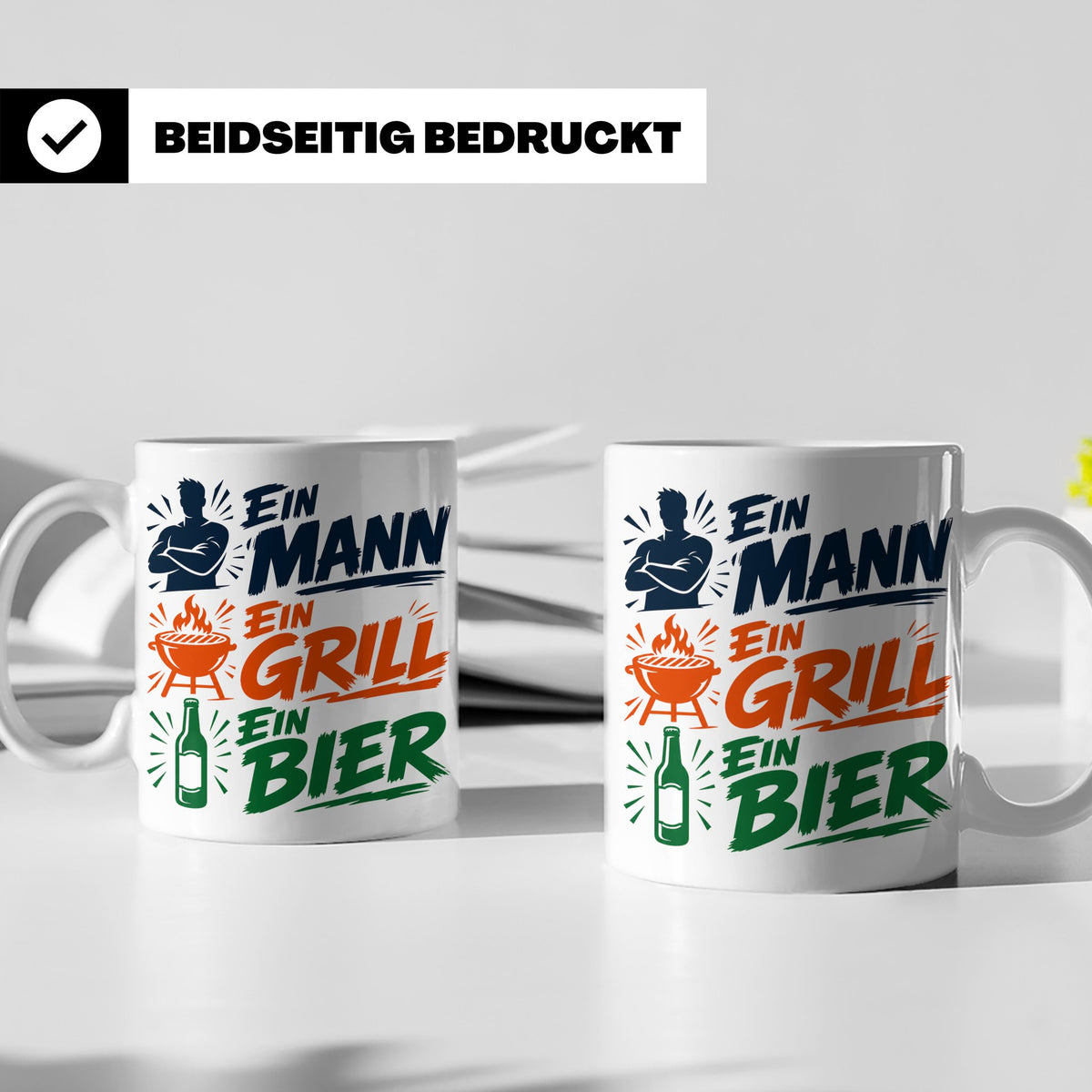 Grillmeister Tasse mit Spruch Ein Mann Ein Grill Ein Bier. L – Weiß [farbe:weiß]