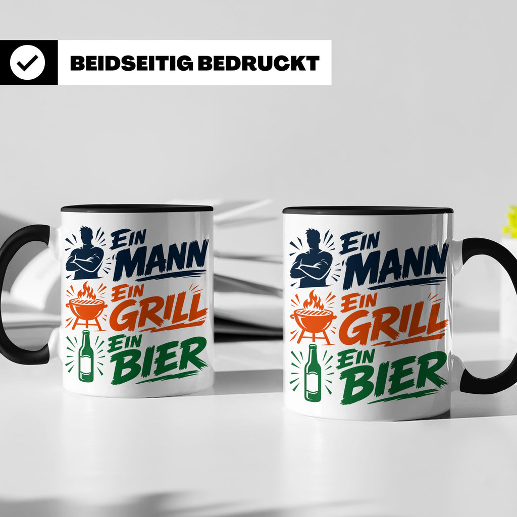 Grillmeister Tasse mit Spruch Ein Mann Ein Grill Ein Bier. L – Schwarz [farbe:schwarz]