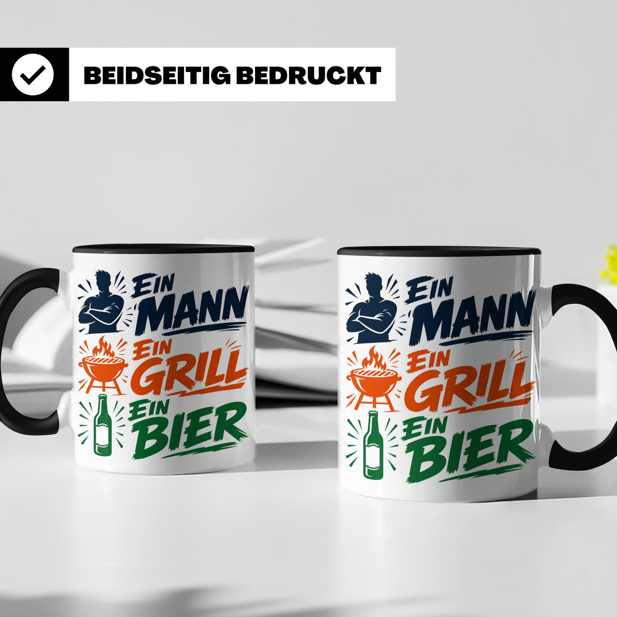 Grillmeister Tasse mit Spruch Ein Mann Ein Grill Ein Bier. L – Schwarz [farbe:schwarz]