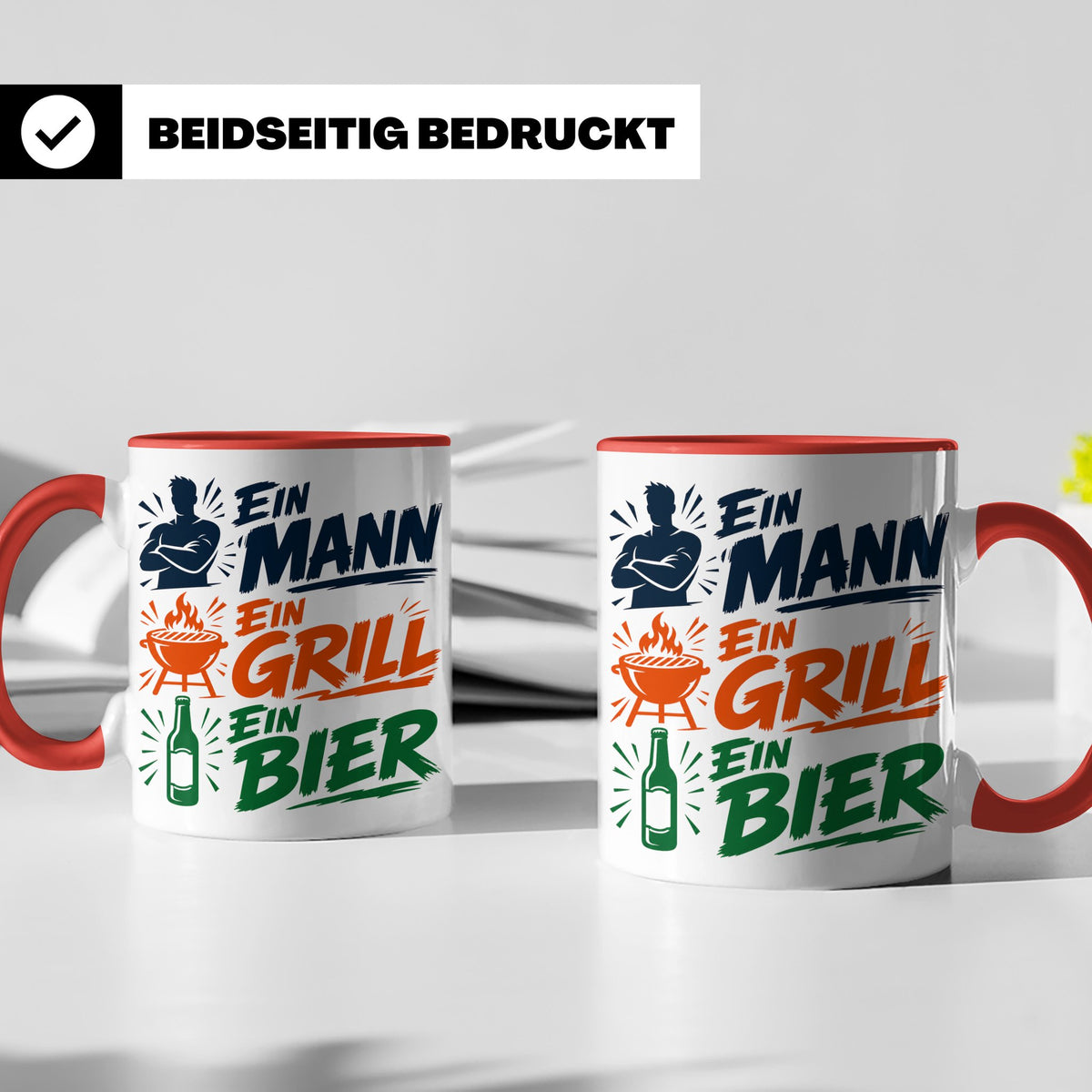 Grillmeister Tasse mit Spruch Ein Mann Ein Grill Ein Bier. L – Rot [farbe:rot]
