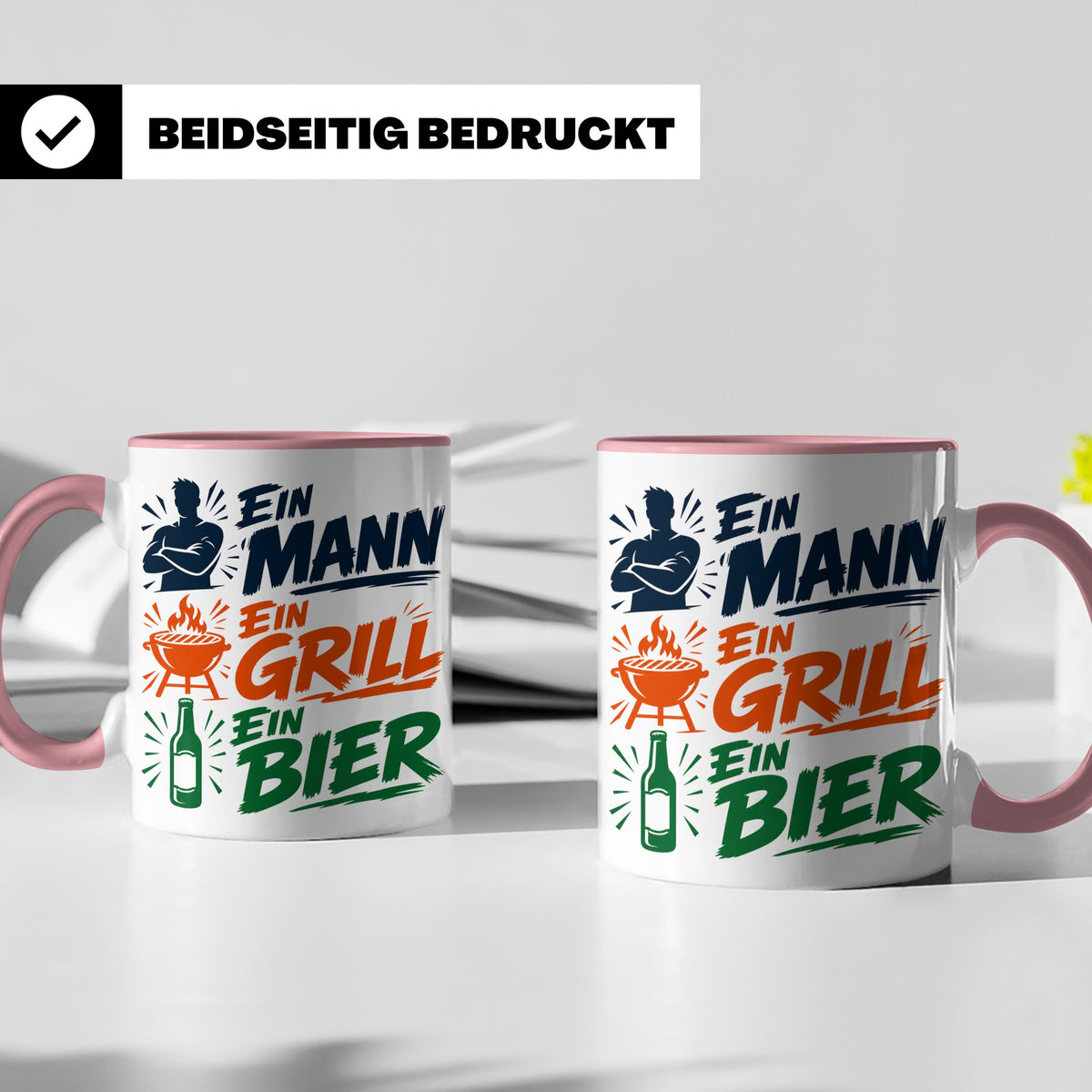 Grillmeister Tasse mit Spruch Ein Mann Ein Grill Ein Bier. L – Rosa [farbe:rosa]