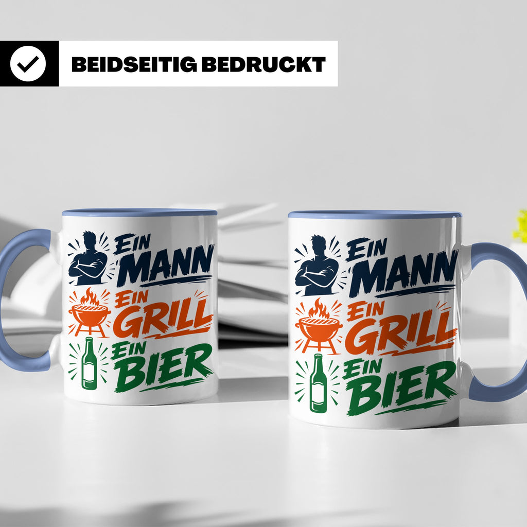 Grillmeister Tasse mit Spruch Ein Mann Ein Grill Ein Bier. L – Blau [farbe:blau]