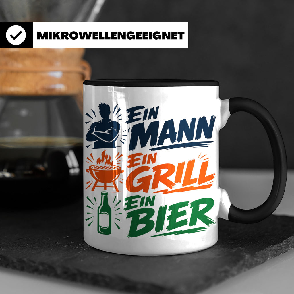 Grillmeister Tasse mit Spruch Ein Mann Ein Grill Ein Bier. L – Schwarz [farbe:schwarz]