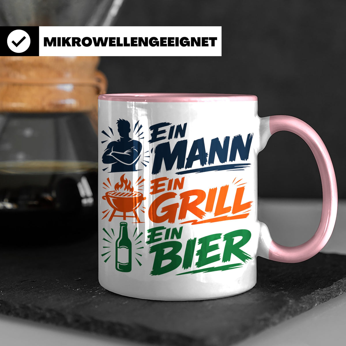 Grillmeister Tasse mit Spruch Ein Mann Ein Grill Ein Bier. L – Rosa [farbe:rosa]