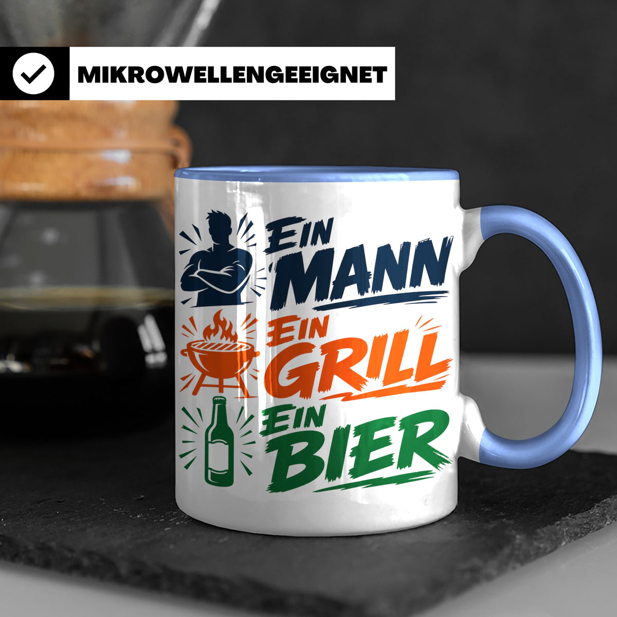 Grillmeister Tasse mit Spruch Ein Mann Ein Grill Ein Bier. L – Blau [farbe:blau]