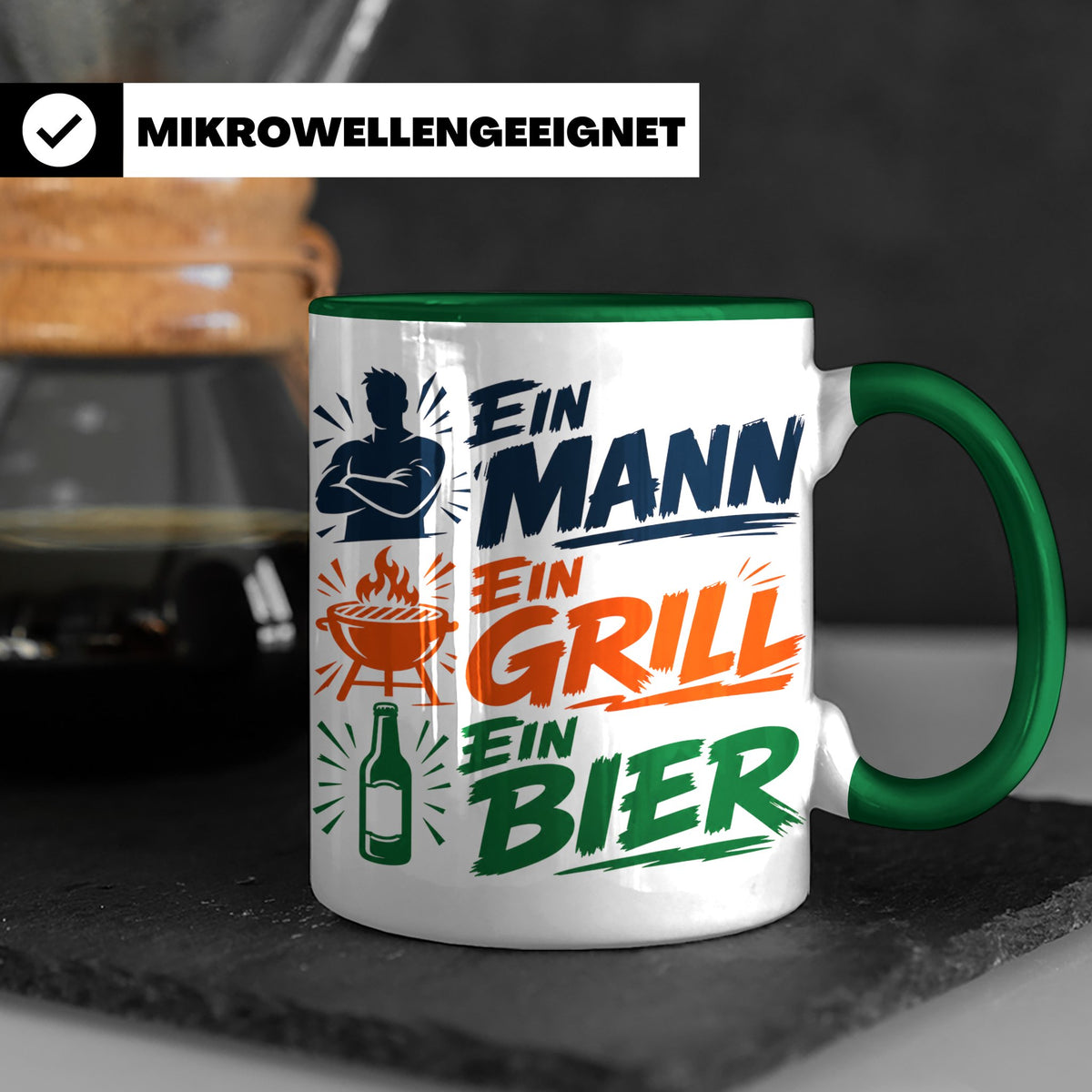 Grillmeister Tasse mit Spruch Ein Mann Ein Grill Ein Bier. L – Grün [farbe:grün]