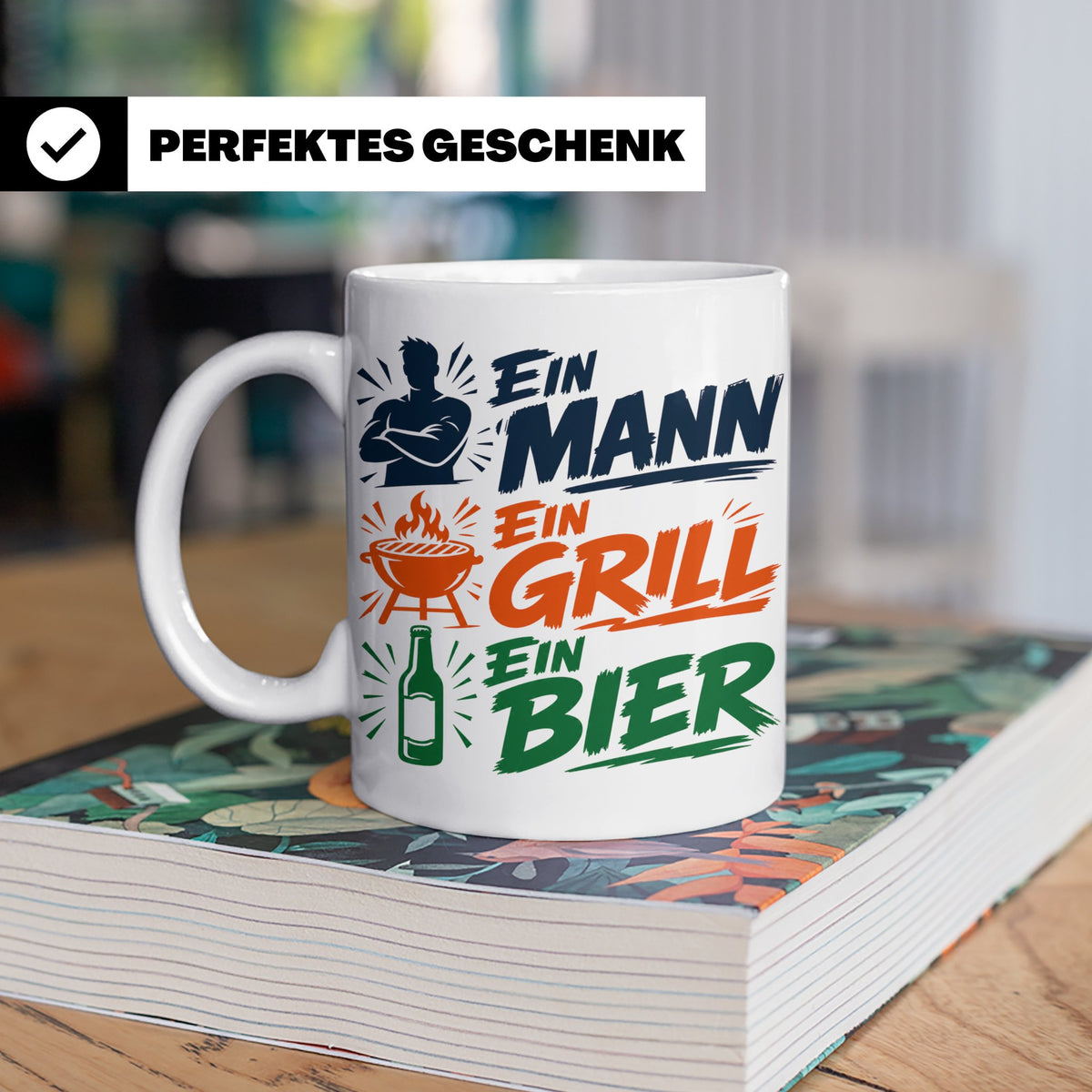 Grillmeister Tasse mit Spruch Ein Mann Ein Grill Ein Bier. L – Weiß [farbe:weiß]