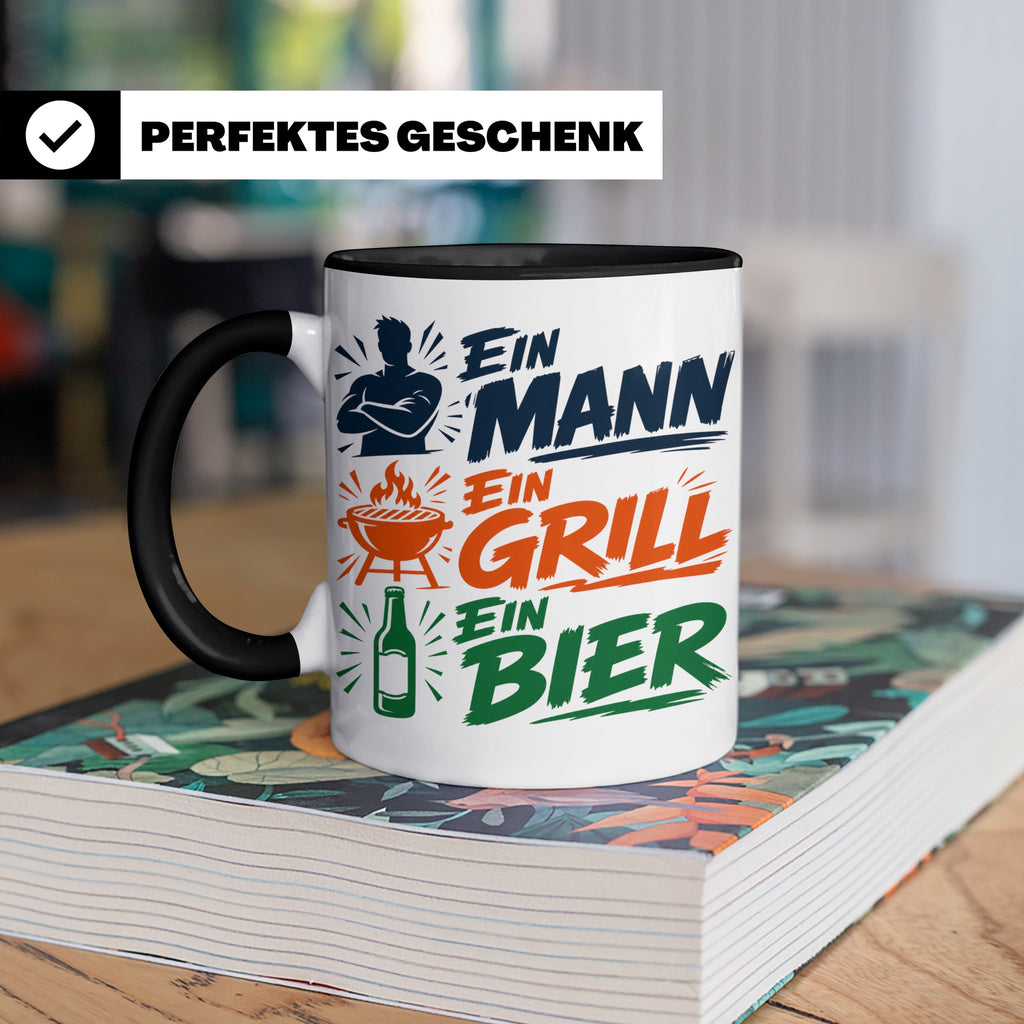 Grillmeister Tasse mit Spruch Ein Mann Ein Grill Ein Bier. L – Schwarz [farbe:schwarz]