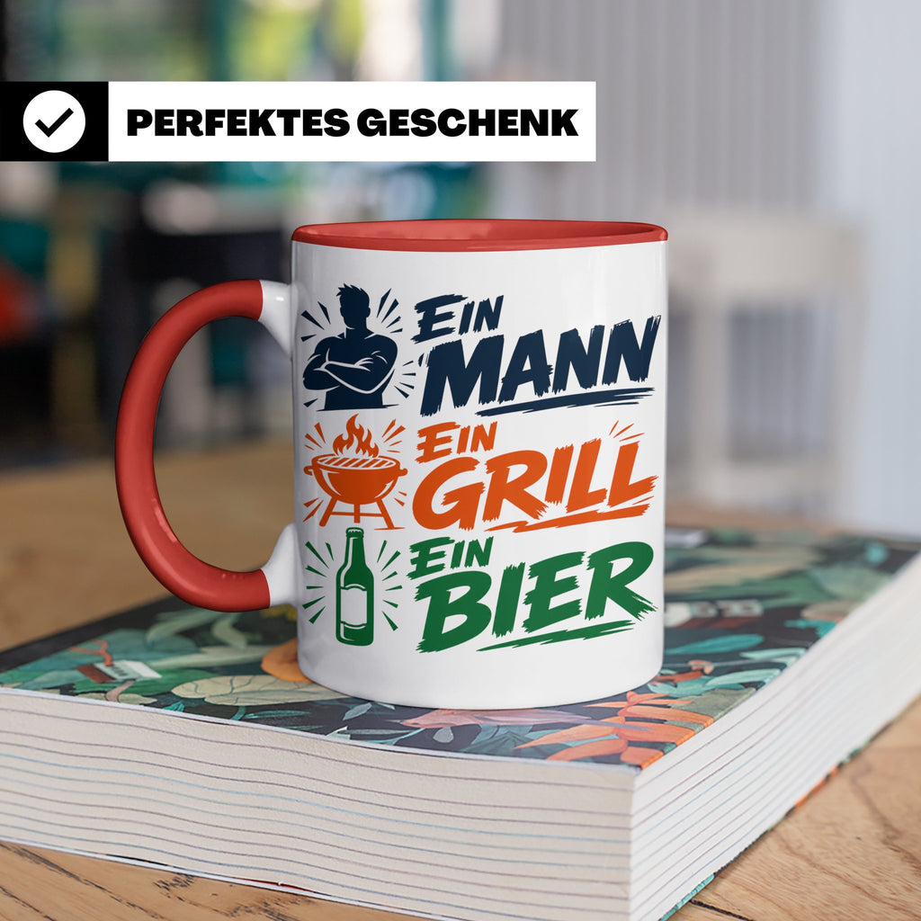 Grillmeister Tasse mit Spruch Ein Mann Ein Grill Ein Bier. L – Rot [farbe:rot]