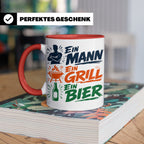 Grillmeister Tasse mit Spruch Ein Mann Ein Grill Ein Bier. L – Rot [farbe:rot]