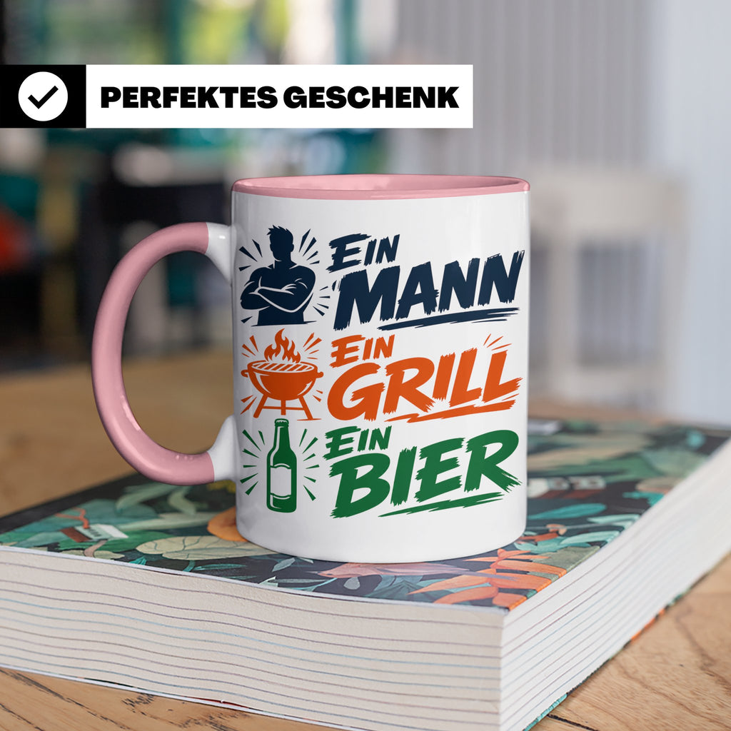Grillmeister Tasse mit Spruch Ein Mann Ein Grill Ein Bier. L – Rosa [farbe:rosa]