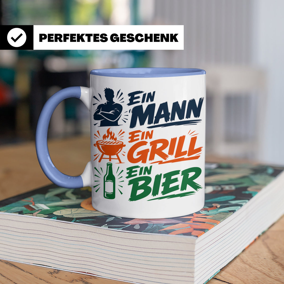 Grillmeister Tasse mit Spruch Ein Mann Ein Grill Ein Bier. L – Blau [farbe:blau]
