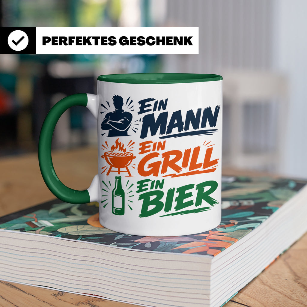 Grillmeister Tasse mit Spruch Ein Mann Ein Grill Ein Bier. L – Grün [farbe:grün]