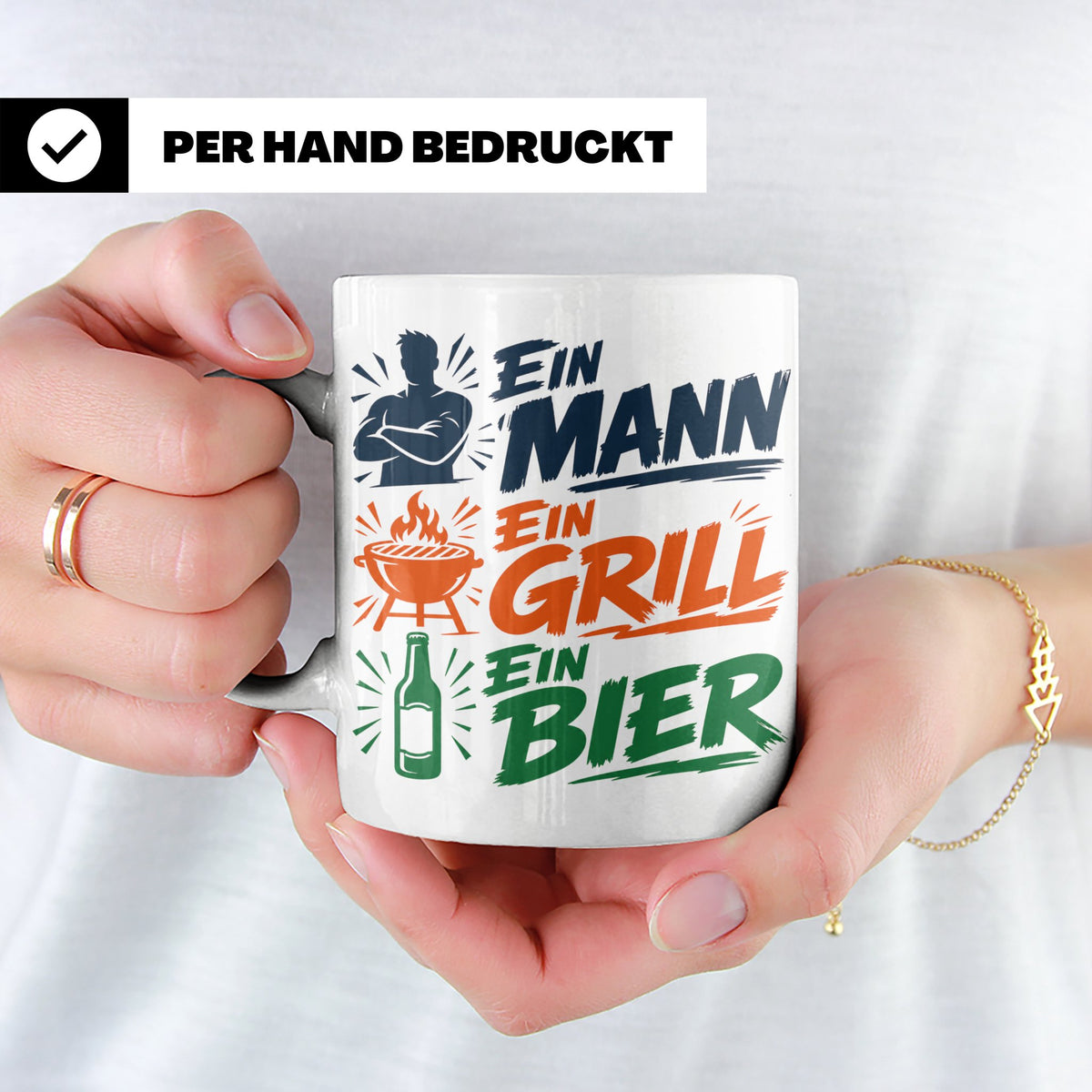 Grillmeister Tasse mit Spruch Ein Mann Ein Grill Ein Bier. L – Weiß [farbe:weiß]