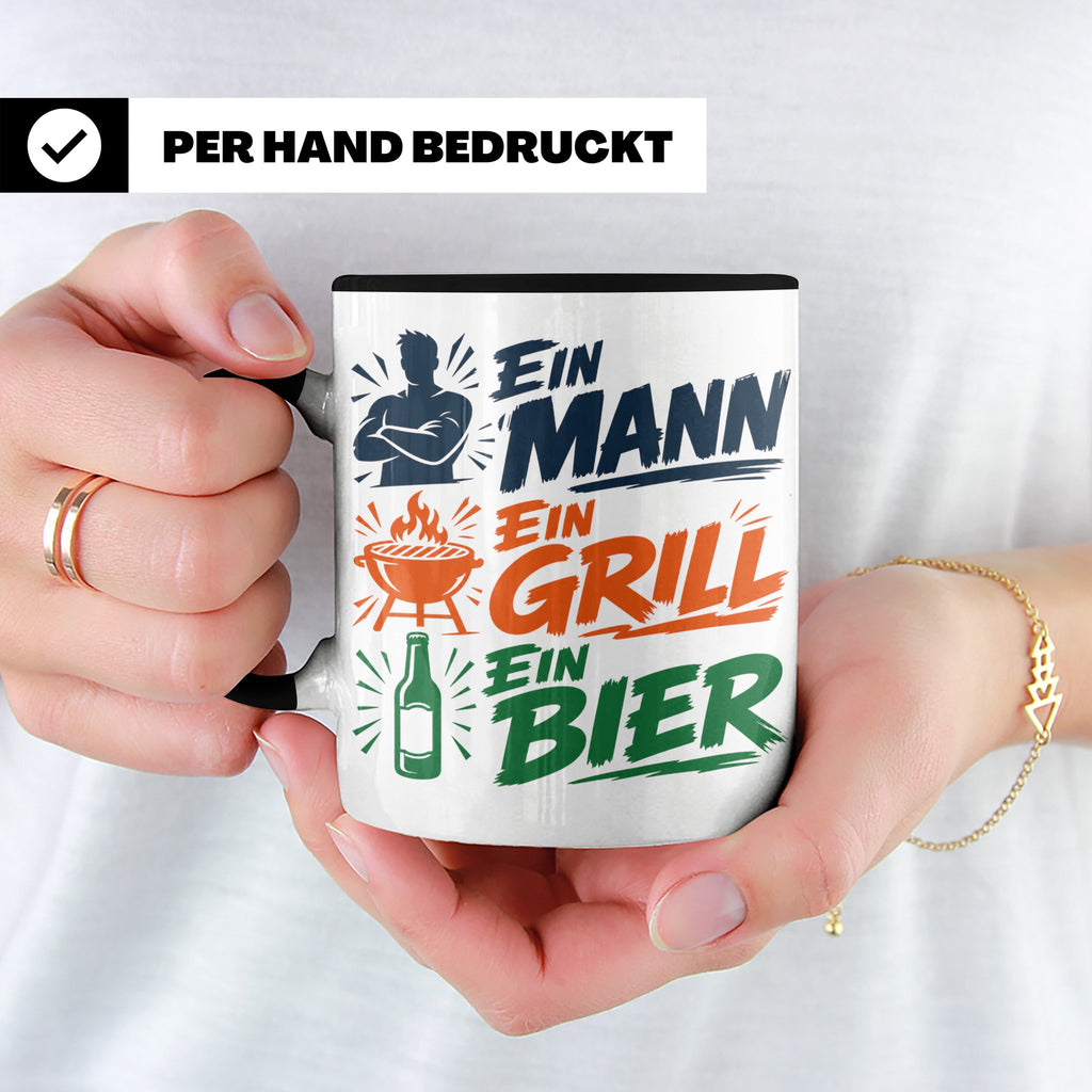 Grillmeister Tasse mit Spruch Ein Mann Ein Grill Ein Bier. L – Schwarz [farbe:schwarz]