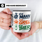 Grillmeister Tasse mit Spruch Ein Mann Ein Grill Ein Bier. L – Schwarz [farbe:schwarz]