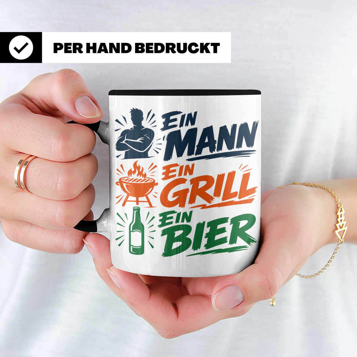 Grillmeister Tasse mit Spruch Ein Mann Ein Grill Ein Bier. L – Schwarz [farbe:schwarz]