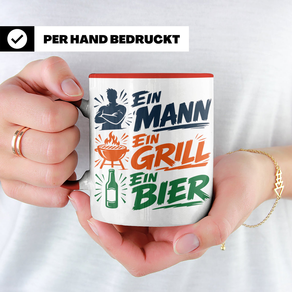 Grillmeister Tasse mit Spruch Ein Mann Ein Grill Ein Bier. L – Rot [farbe:rot]