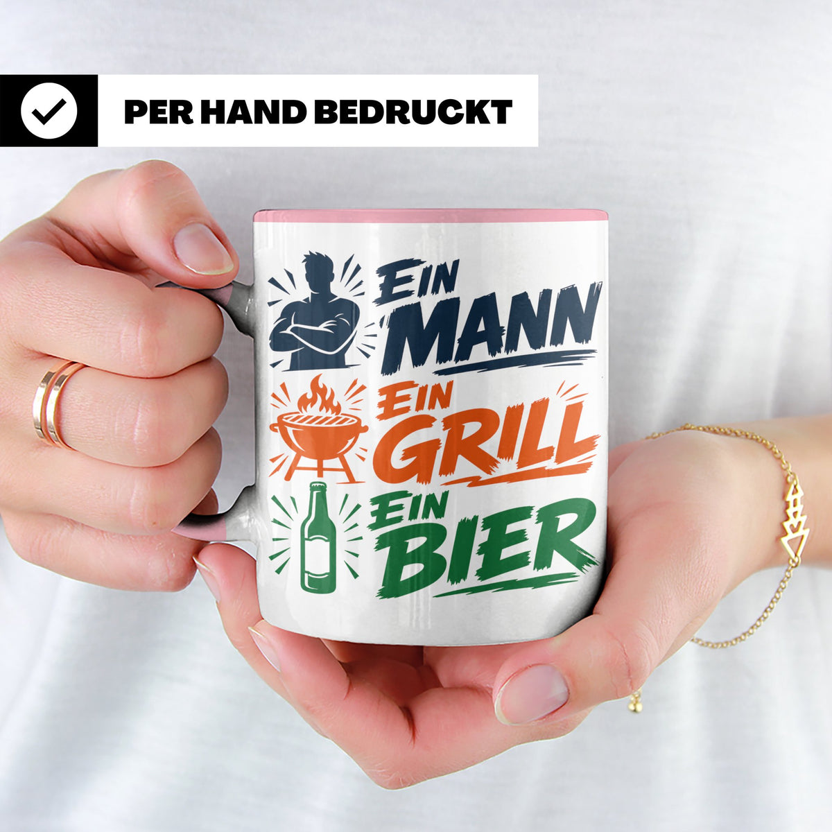 Grillmeister Tasse mit Spruch Ein Mann Ein Grill Ein Bier. L – Rosa [farbe:rosa]