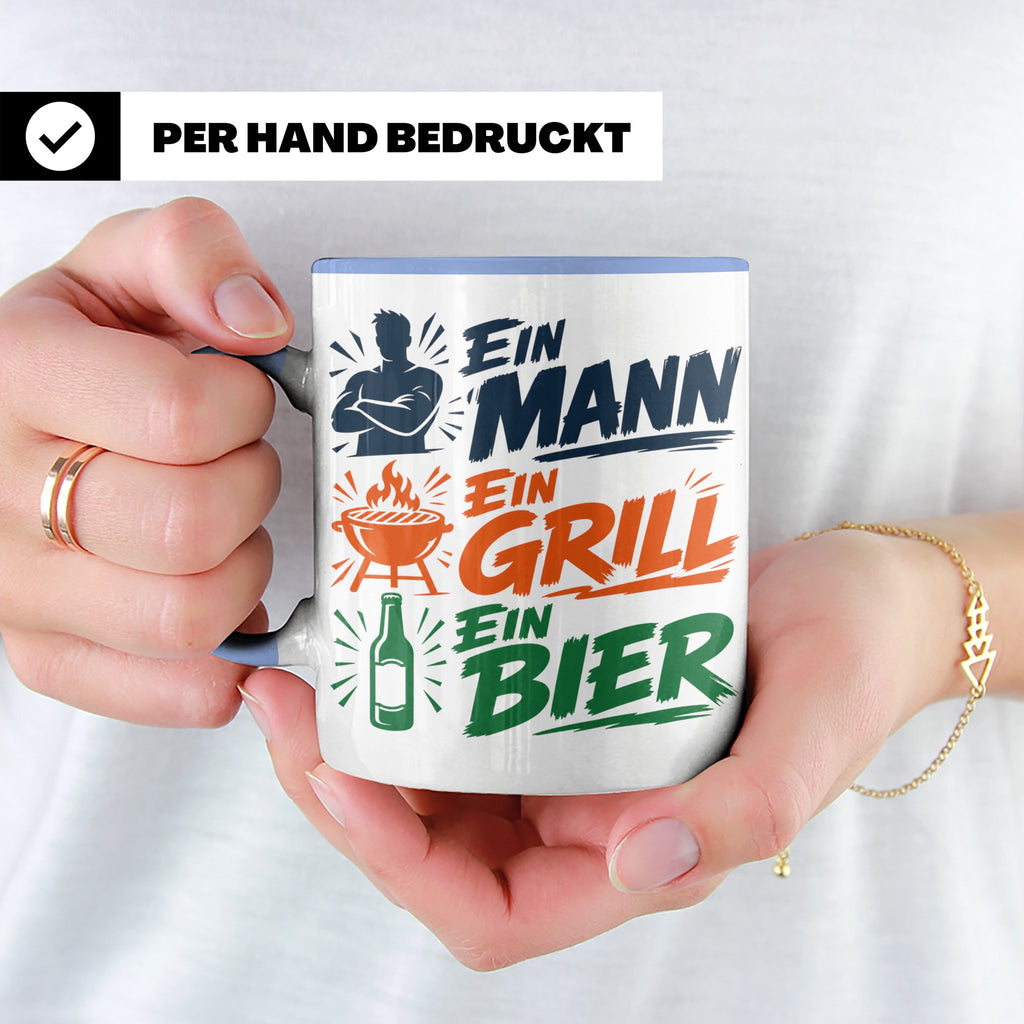 Grillmeister Tasse mit Spruch Ein Mann Ein Grill Ein Bier. L – Blau [farbe:blau]