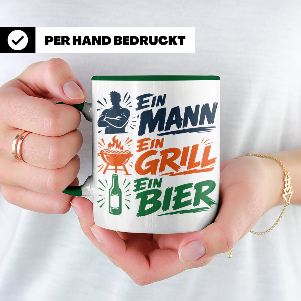 Grillmeister Tasse mit Spruch Ein Mann Ein Grill Ein Bier. L – Grün [farbe:grün]