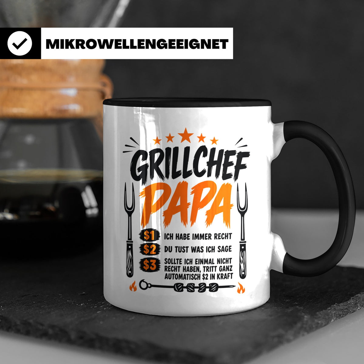 Grillchef Papa Tasse mit Spruch lustiges Geschenk für Väter  – Schwarz [farbe:schwarz]
