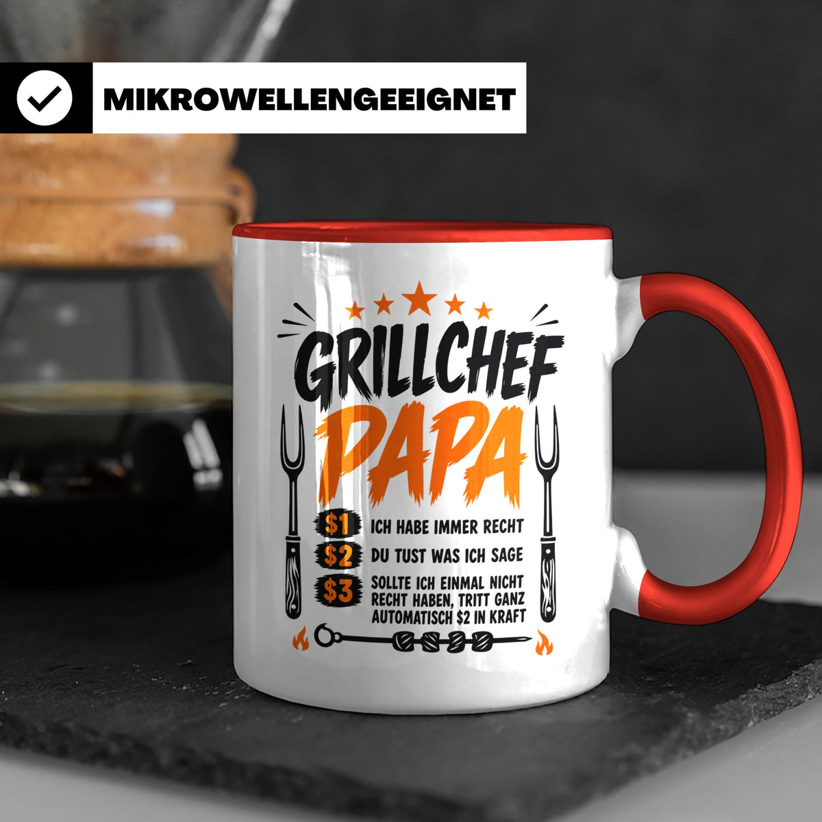 Grillchef Papa Tasse mit Spruch lustiges Geschenk für Väter  – Rot [farbe:rot]