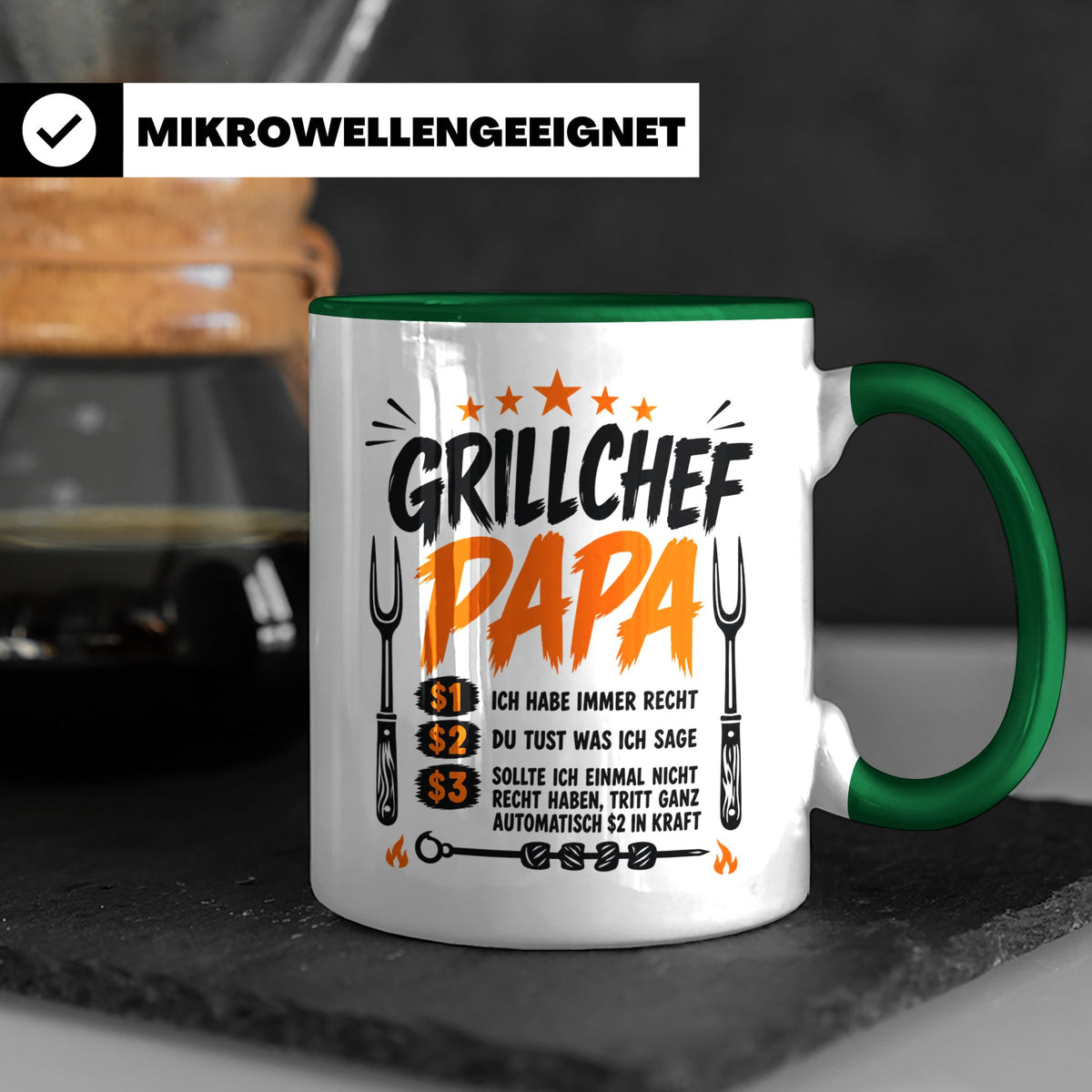 Grillchef Papa Tasse mit Spruch lustiges Geschenk für Väter  – Grün [farbe:grün]