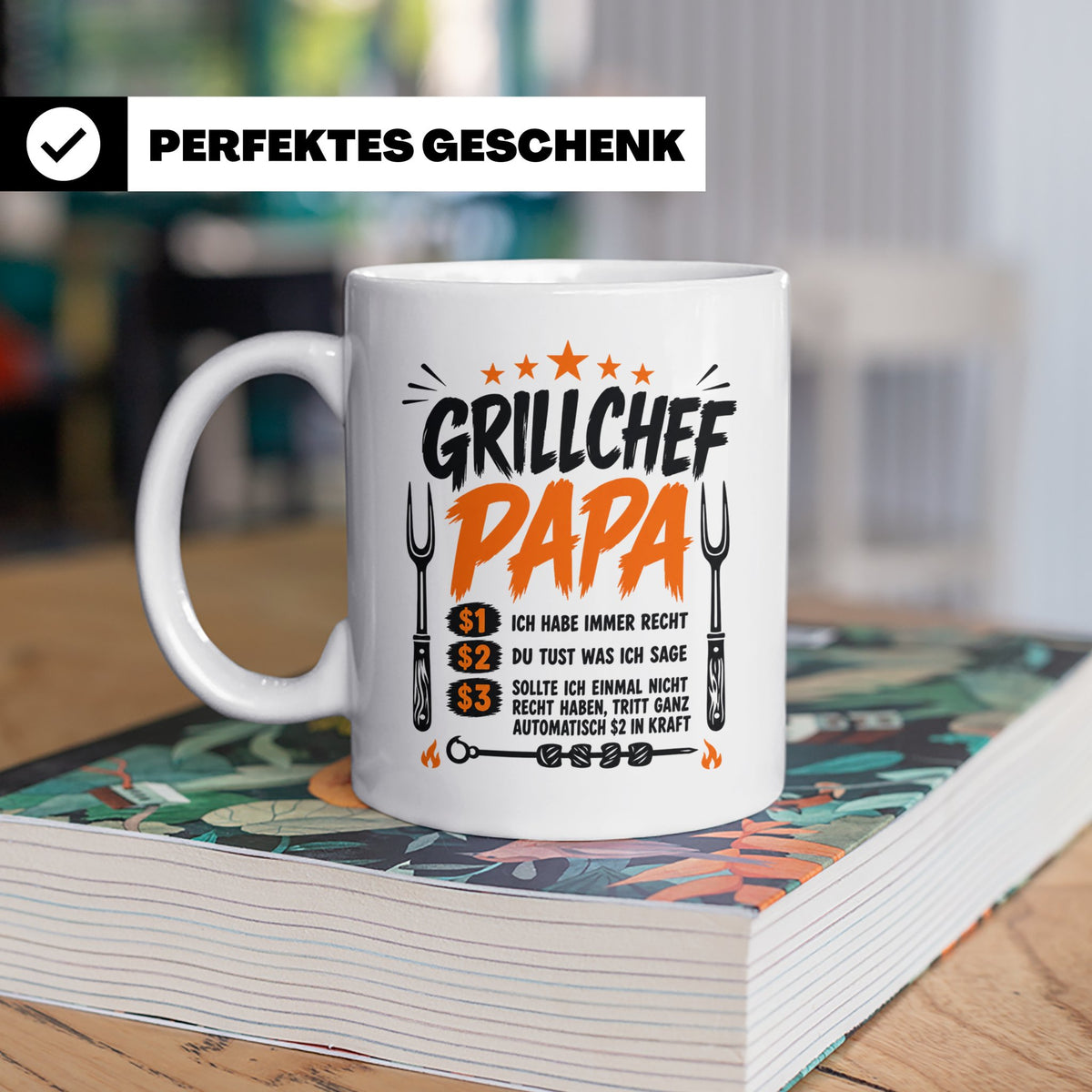 Grillchef Papa Tasse mit Spruch lustiges Geschenk für Väter  – Weiß [farbe:weiß]