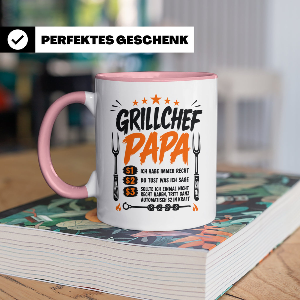 Grillchef Papa Tasse mit Spruch lustiges Geschenk für Väter  – Rosa [farbe:rosa]