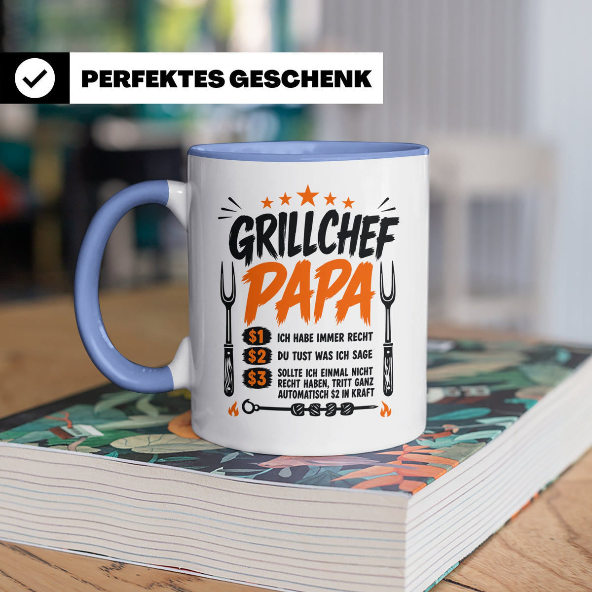 Grillchef Papa Tasse mit Spruch lustiges Geschenk für Väter  – Blau [farbe:blau]