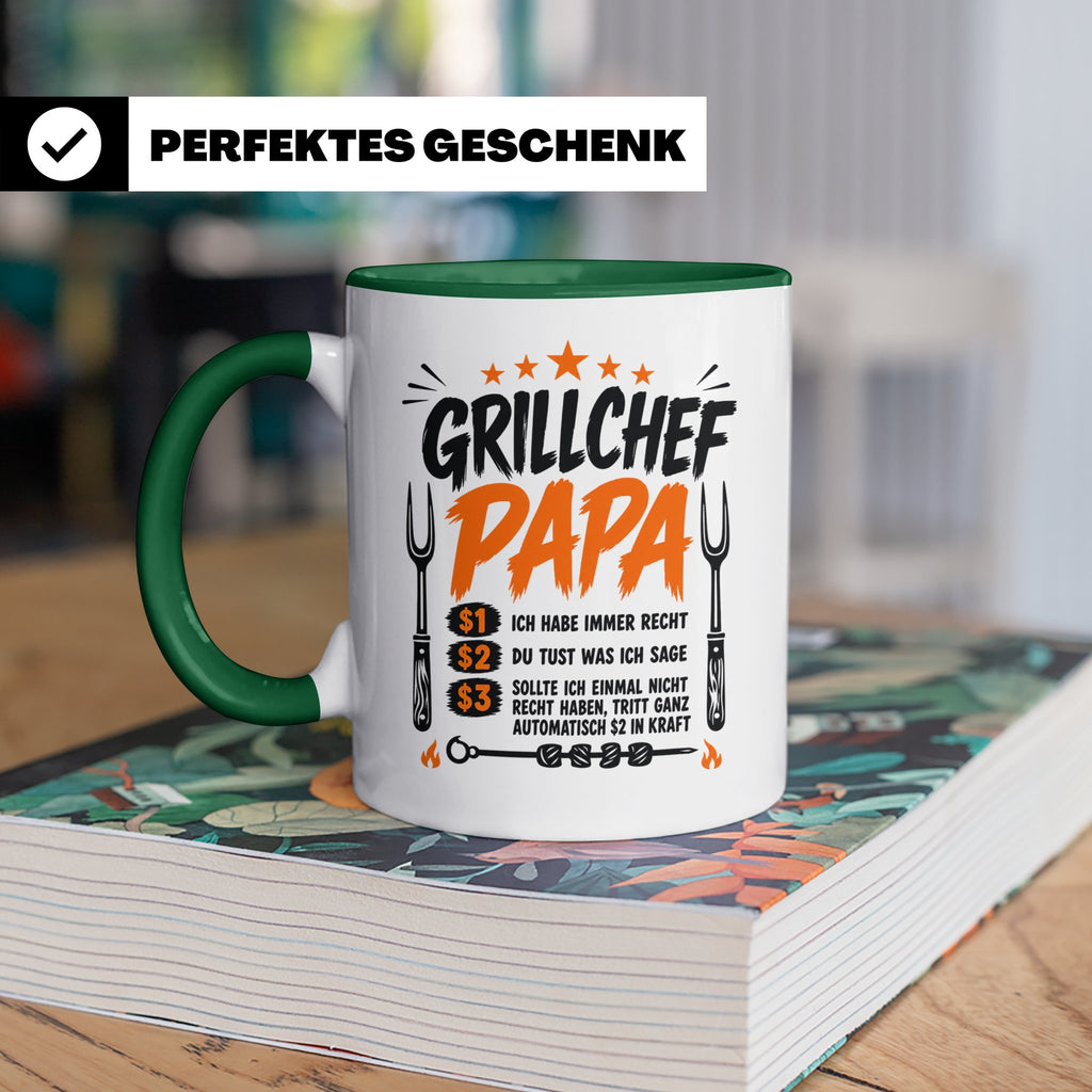 Grillchef Papa Tasse mit Spruch lustiges Geschenk für Väter  – Grün [farbe:grün]