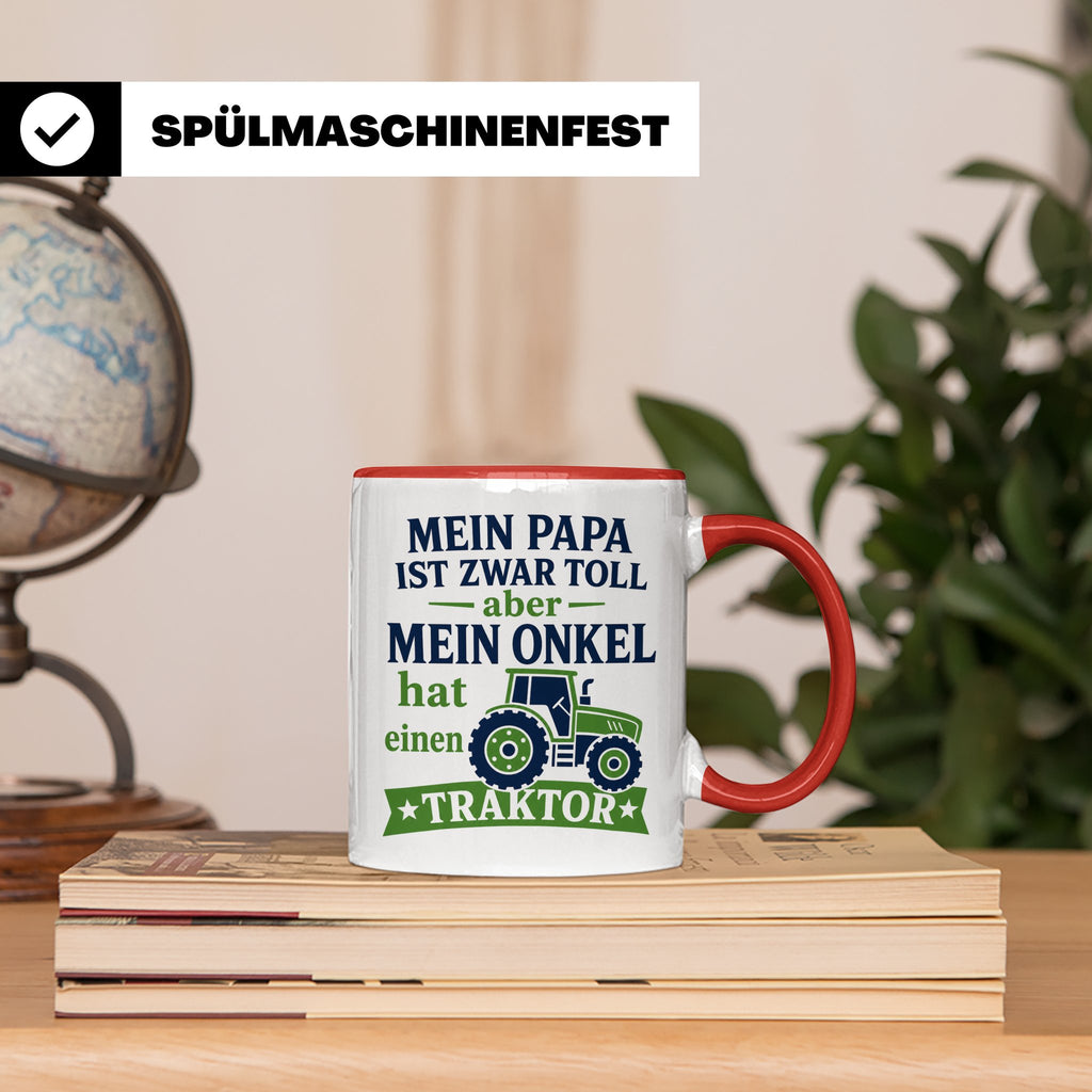 Onkel Traktor Tasse mit Spruch "Mein Papa ist toll aber mein – Rot [farbe:rot]