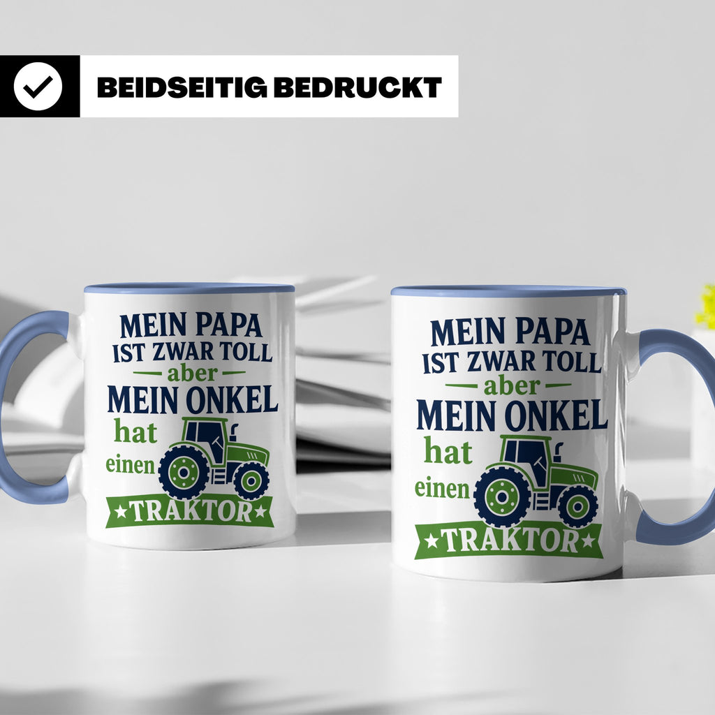 Onkel Traktor Tasse mit Spruch "Mein Papa ist toll aber mein – Blau [farbe:blau]