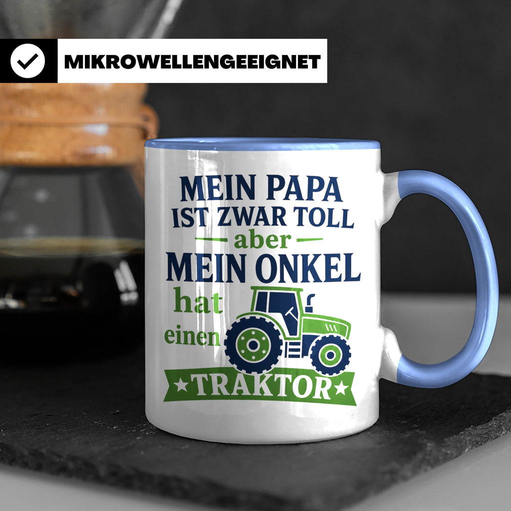 Onkel Traktor Tasse mit Spruch "Mein Papa ist toll aber mein – Blau [farbe:blau]