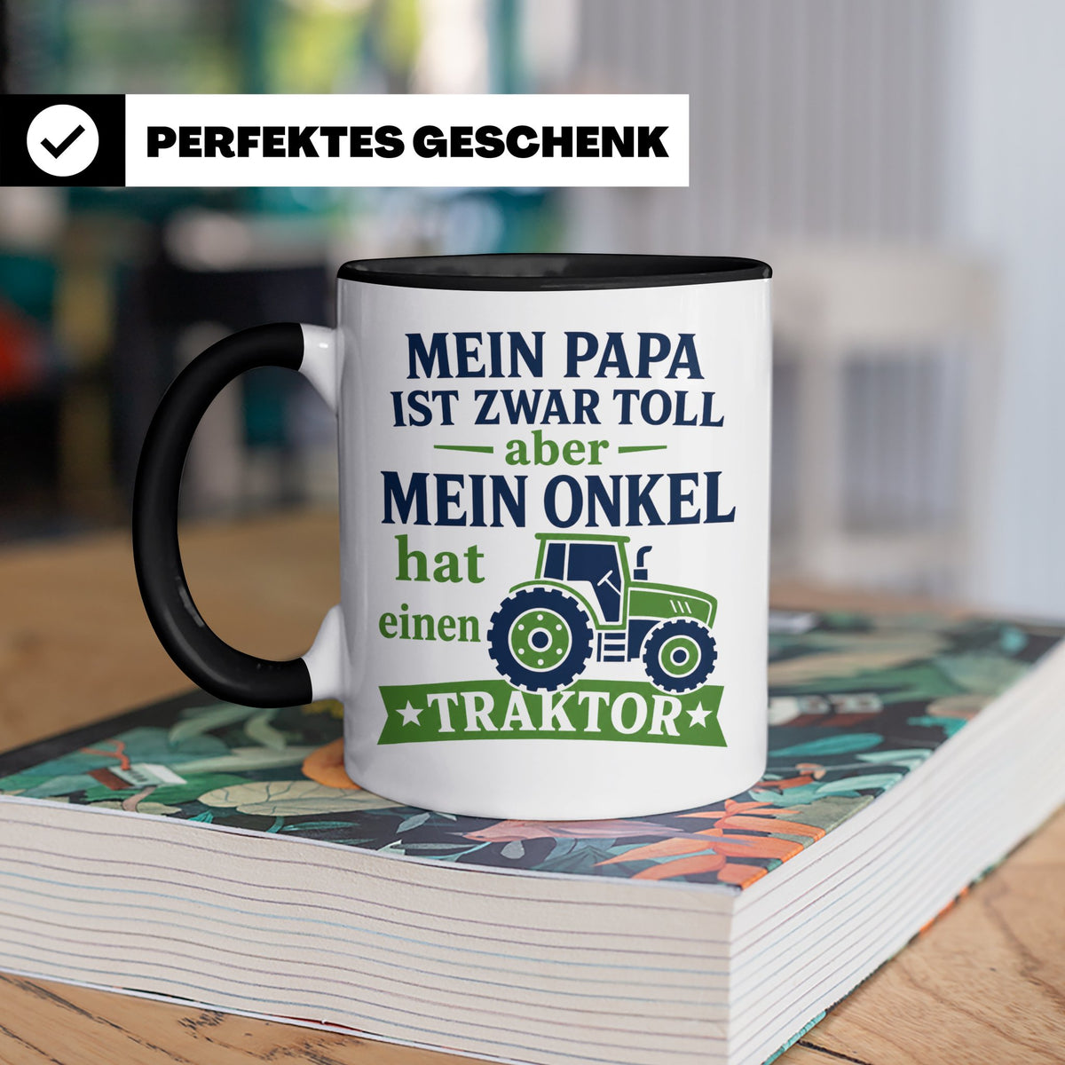 Onkel Traktor Tasse mit Spruch "Mein Papa ist toll aber mein – Schwarz [farbe:schwarz]