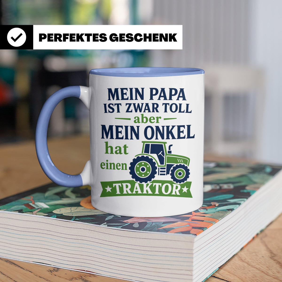 Onkel Traktor Tasse mit Spruch "Mein Papa ist toll aber mein – Blau [farbe:blau]