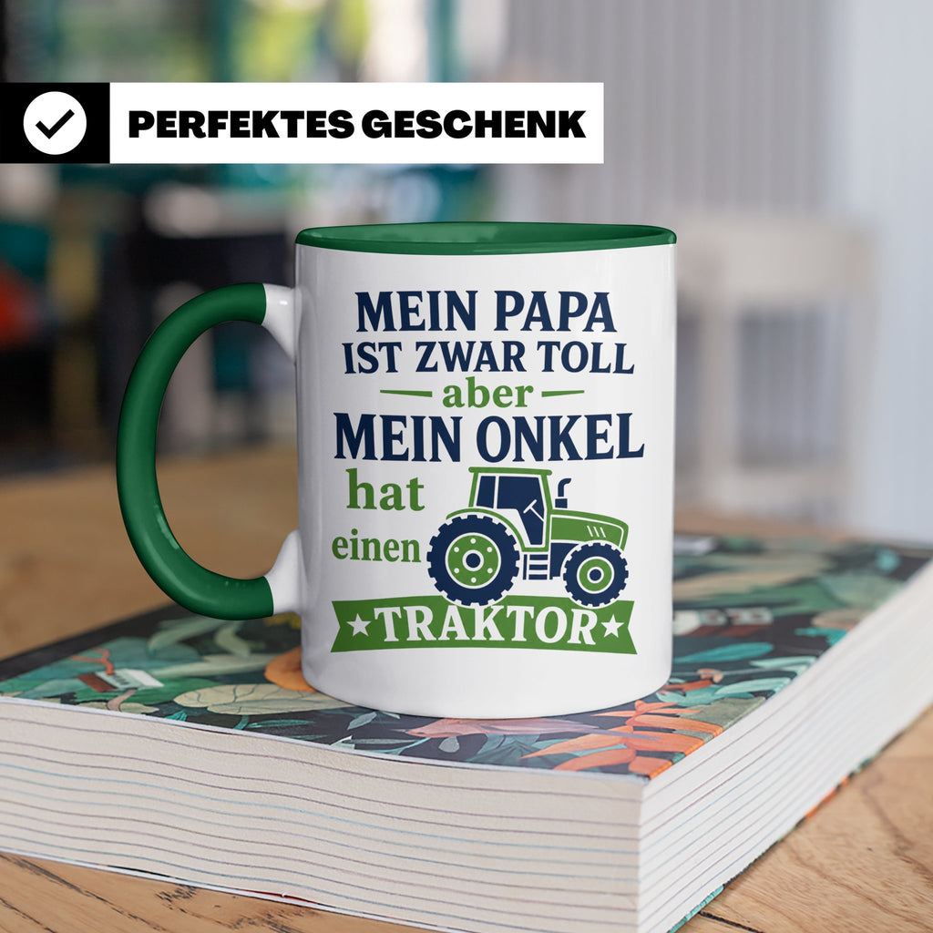 Onkel Traktor Tasse mit Spruch "Mein Papa ist toll aber mein – Grün [farbe:grün]