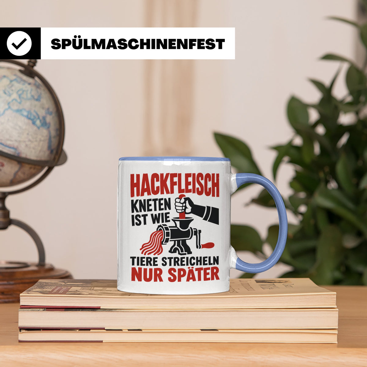 Hackfleisch Tasse mit Spruch für Fleischliebhaber & Metzger. – Blau [farbe:blau]