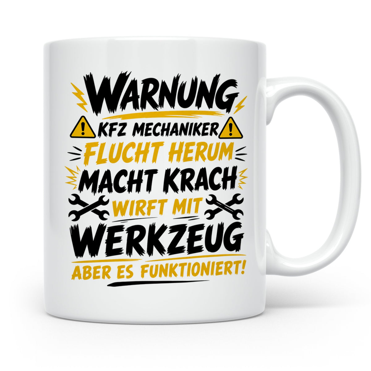 KFZ Mechaniker Tasse mit Spruch Warnung flucht herum, Gesche – Weiß [farbe:weiß]