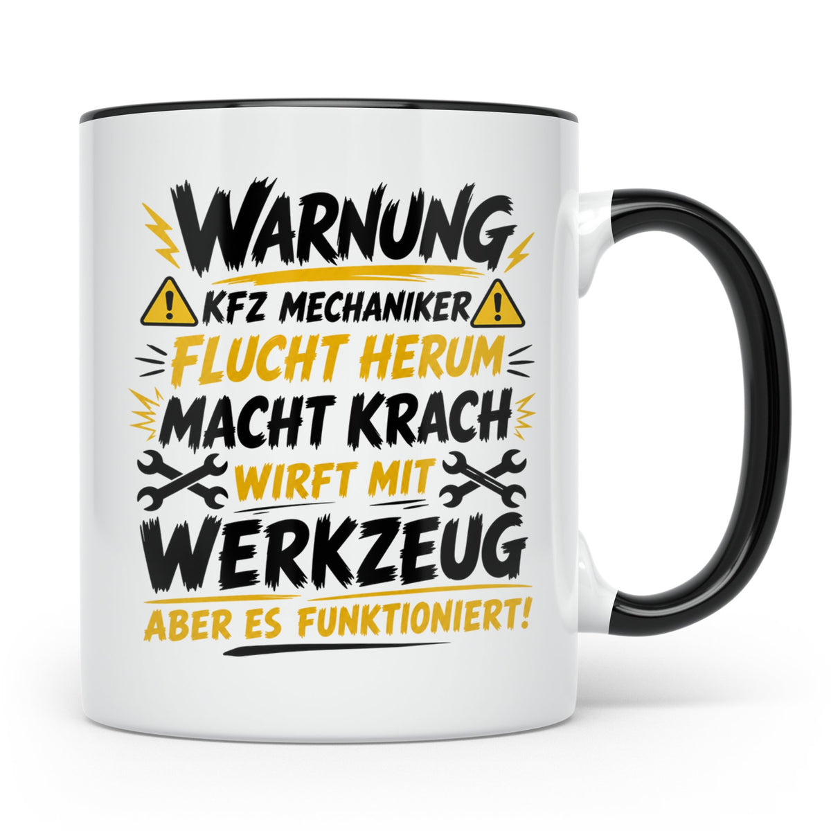 KFZ Mechaniker Tasse mit Spruch Warnung flucht herum, Gesche – Schwarz [farbe:schwarz]