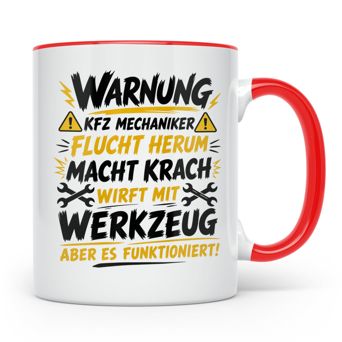 KFZ Mechaniker Tasse mit Spruch Warnung flucht herum, Gesche – Rot [farbe:rot]