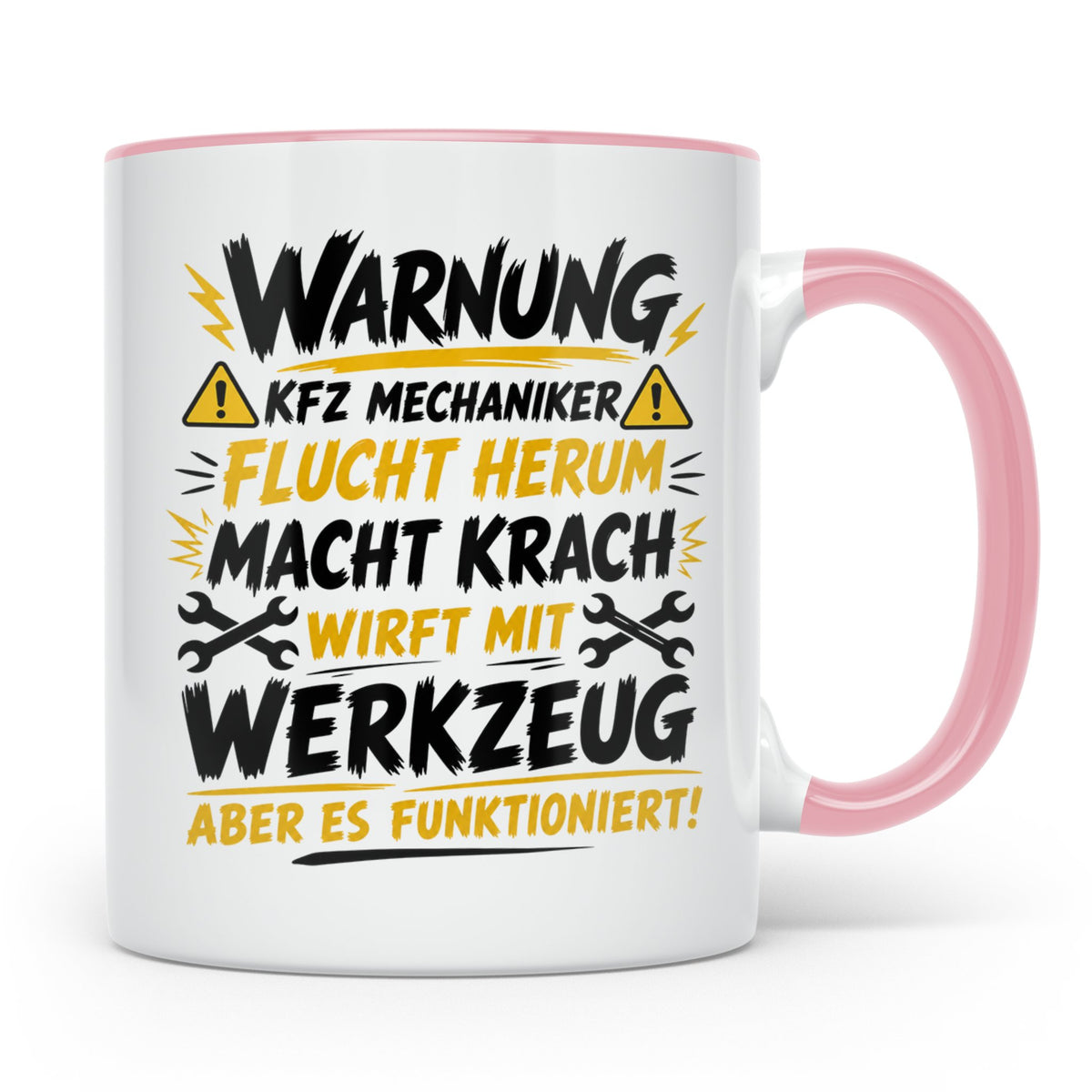 KFZ Mechaniker Tasse mit Spruch Warnung flucht herum, Gesche – Rosa [farbe:rosa]