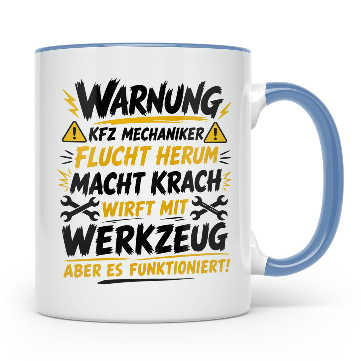 KFZ Mechaniker Tasse mit Spruch Warnung flucht herum, Gesche – Blau [farbe:blau]