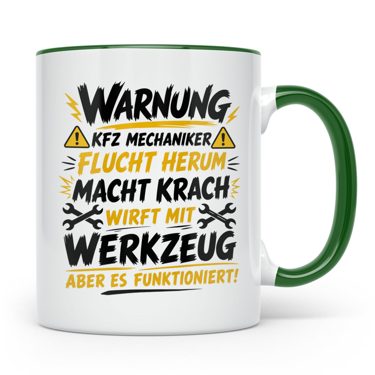 KFZ Mechaniker Tasse mit Spruch Warnung flucht herum, Gesche – Grün [farbe:grün]