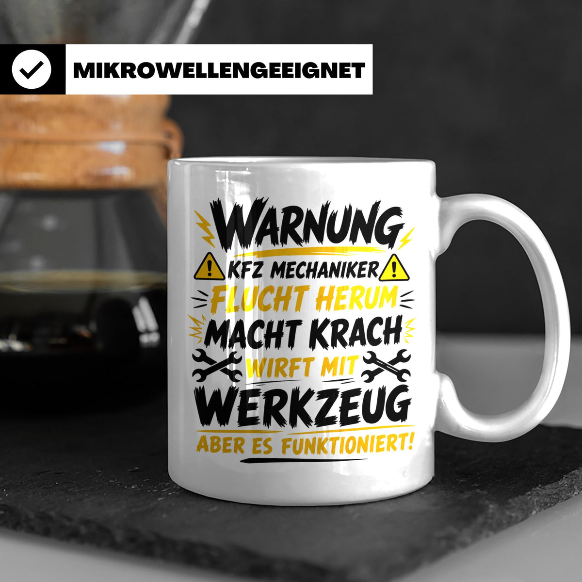 KFZ Mechaniker Tasse mit Spruch Warnung flucht herum, Gesche – Weiß [farbe:weiß]