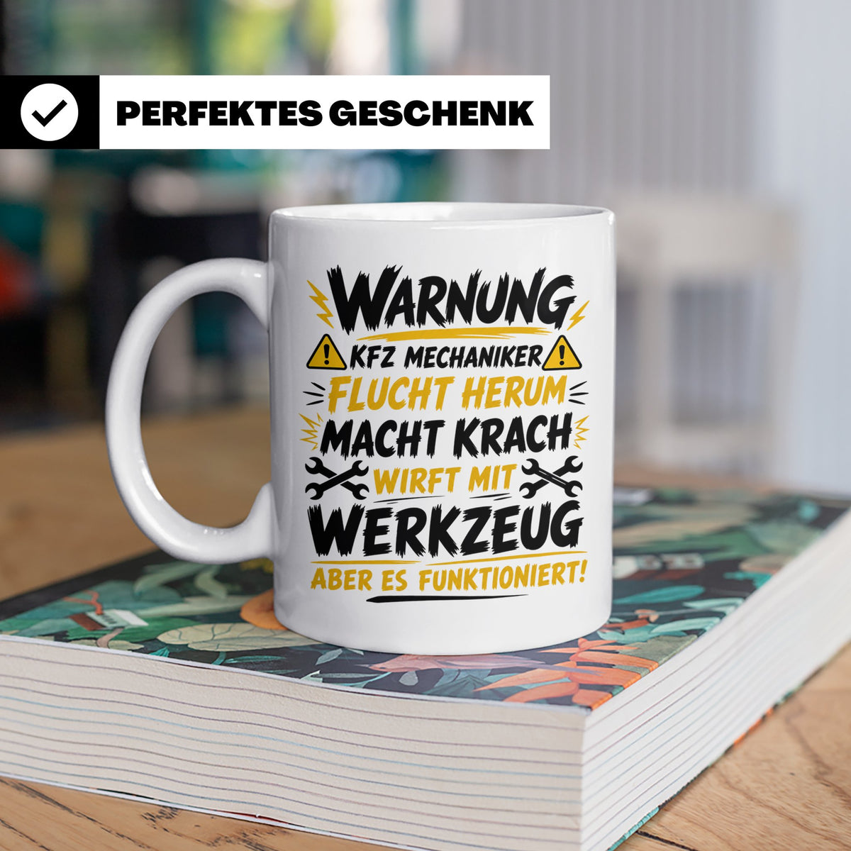 KFZ Mechaniker Tasse mit Spruch Warnung flucht herum, Gesche – Weiß [farbe:weiß]