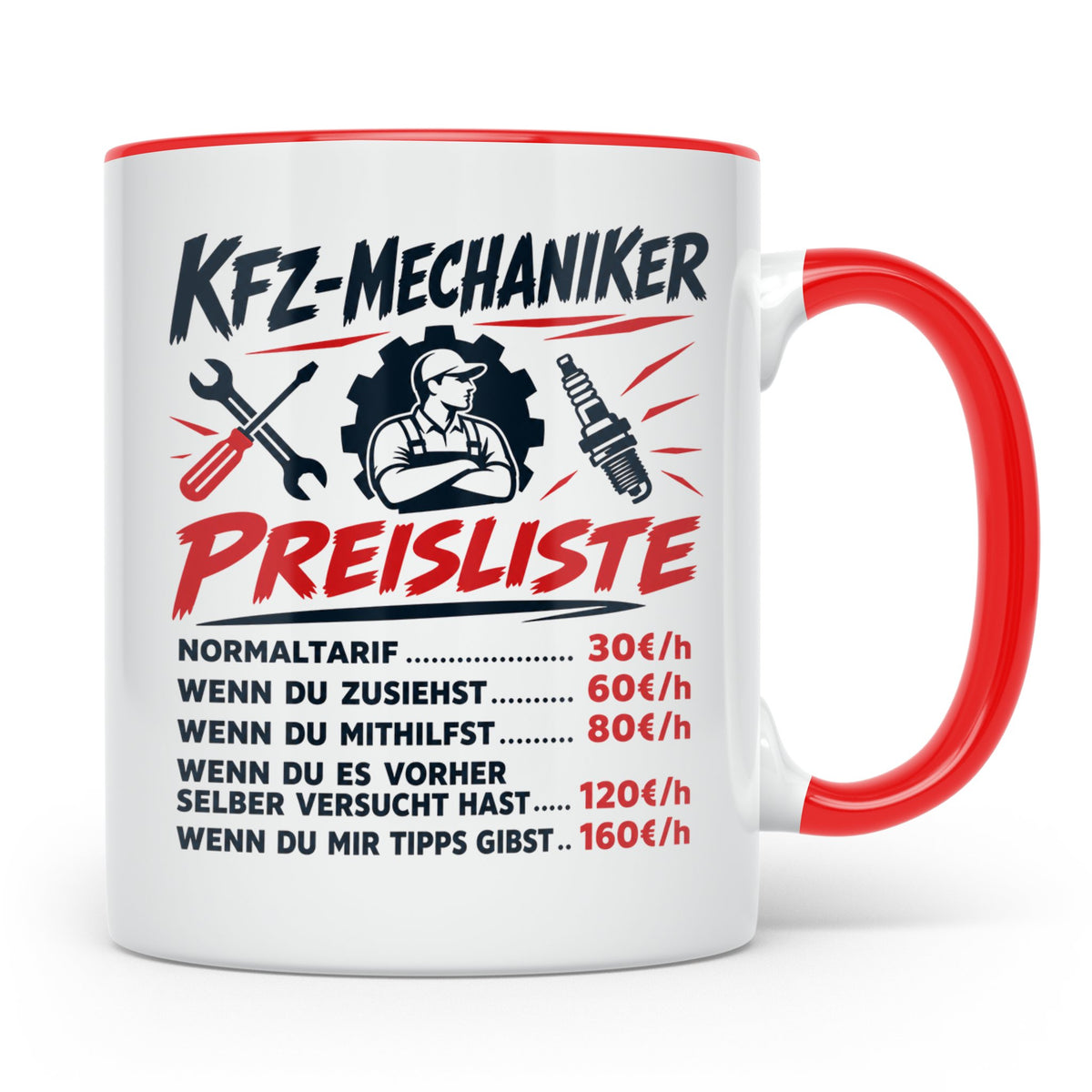 KFZ Mechaniker Tasse mit lustiger Preisliste, Geschenk für A – Rot [farbe:rot]
