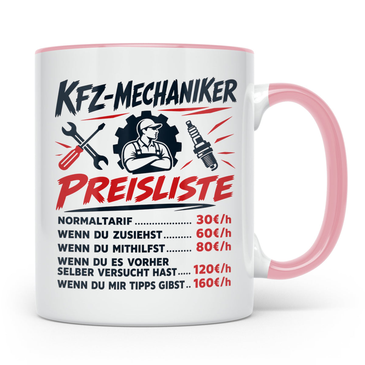 KFZ Mechaniker Tasse mit lustiger Preisliste, Geschenk für A – Rosa [farbe:rosa]